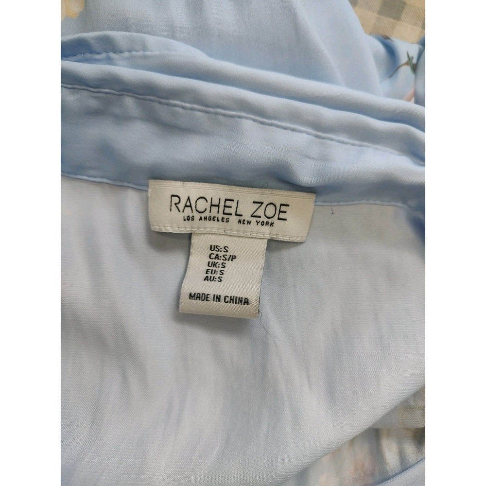 Rachel Zoe Blouse Button Up Shirt Silky Blue Lavish Floral Parrot Glam Print S - Picture 6 of 7